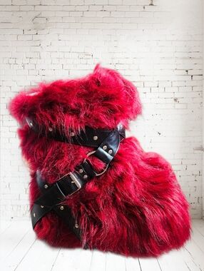 NWT Low Wild Instincts Faux Fur Combat Boots - Red Club Exx